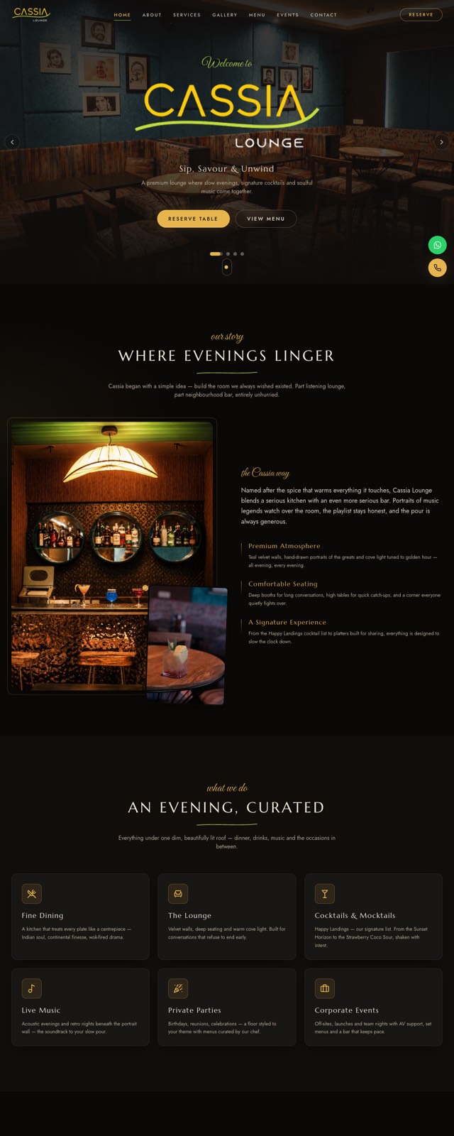 Full-page screenshot of the Cassia Lounge website