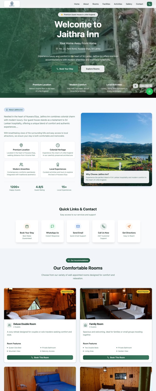 Full-page screenshot of the Jaithra Inn guest house website
