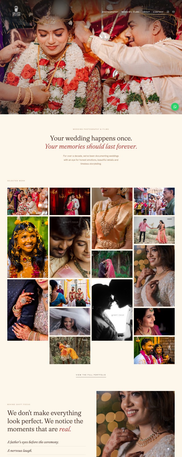 Full-page screenshot of the Shift Focus Photography portfolio