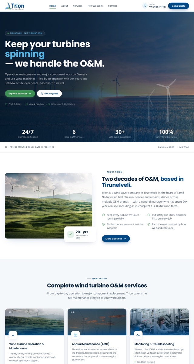 Full-page screenshot of the Trion Wind Energy website