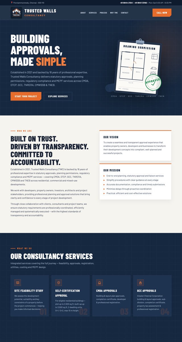 Full-page screenshot of the Trusted Walls Consultancy website
